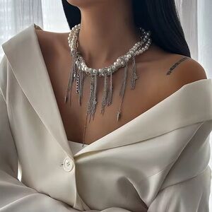 Anthropologie Star Tassel Multilayer Silver Pearl Necklace Tik tok Famous